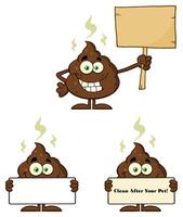 Poop Cartoon Character With Flies Hovering. Collection Set - 3 vector