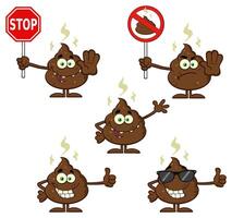 Poop Cartoon Character With Flies Hovering. Collection Set - 4 vector