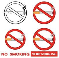 Red Sign Design No Smoking With Cigarette With Text Stop Smoking. Collection Set vector