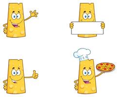 Set of Funny Cheese Mascots with Blank Sign and Pizza vector