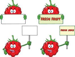 Cartoon Raspberry Character Holding Blank and Text Signs vector