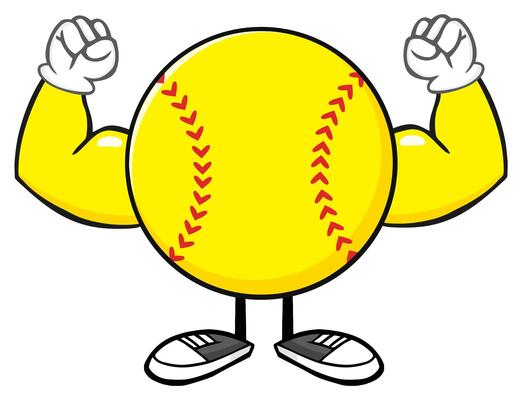 Cartoon Softball Character Flexing Muscles