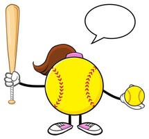 Funny Softball Mascot Holding Bat and Ball with Editable Speech Bubble vector
