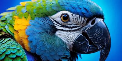 Close up of vibrant parrot with colorful feathers and sharp beak on blue background photo