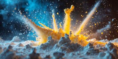 Dynamic capture of flour dust exploding in vibrant colors photo