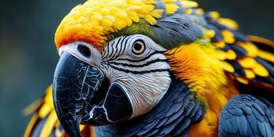 Close up of a colorful parrot with bright yellow and black feathers. photo