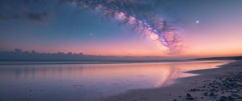 Milky Way reflects on tranquil beach sunset photo