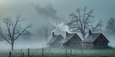 Misty morning in a serene countryside with wooden houses and bare trees. photo
