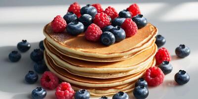 A stack of pancakes with blueberries and raspberries on top. photo