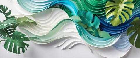 Abstract Paper Art Background with Colorful Waves and Tropical Leaves photo