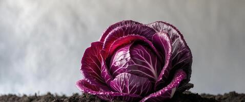 Fresh red cabbage head emerging from soil leaves packed and glistening photo