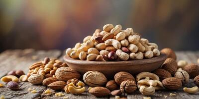 Image shows a pile of peanuts and other types of nuts. photo