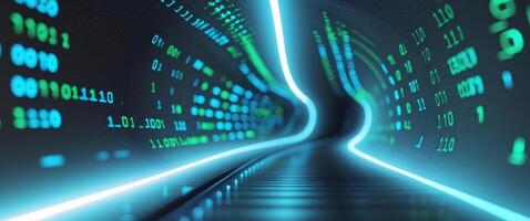 Digital Tunnel Illuminated Binary Code Pathway. photo