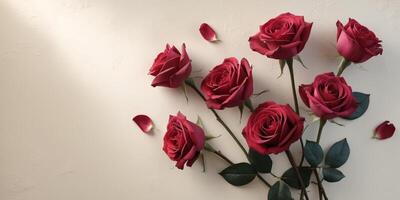 Red roses with white blank greeting card and free space for text in the center of the frame. photo