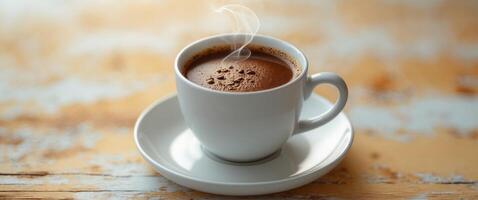 Steaming cup of coffee on a white saucer resting on a wooden table photo