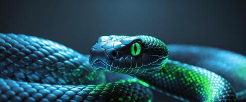 glowing snake with neon scales close up on blurred background technology security concept photo