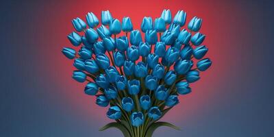 A Large bouquet of blue tulips in heart shape with red empty space around photo
