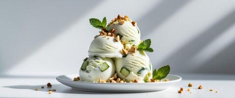 Refreshing cucumber ice cream dessert with mint and nuts photo