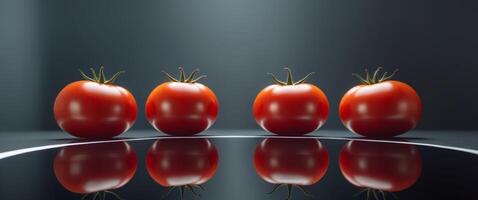 Reflection of three ripe tomatoes on a dark surface. photo