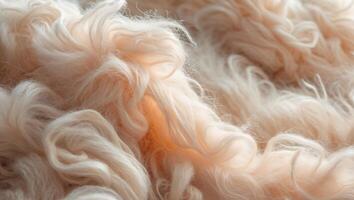 Soft white texture background cotton wool light sheep wool close up fluffy fur beige toned wool delicate peach tinted fur. photo