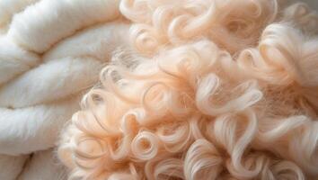 Soft white texture background cotton wool light sheep wool close up fluffy fur beige toned wool delicate peach tinted fur photo
