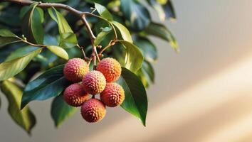 Exotic lychee fruit cluster on green foliage with blurred background and natural lighting Copy Space photo
