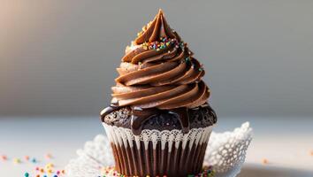 Chocolate cupcakes topping with chocolate sauce and sprinkles creating a sweet and tempting treat photo