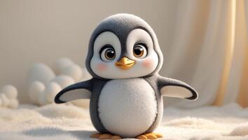 An adorable cartoon penguin with fluffy texture and a delightful appearance that warms hearts. photo