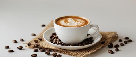 Cup of Coffee with Latte Art Sits on Saucer with Coffee Beans and Burlap Beautifully Arranged photo