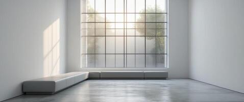Modern gallery interior with blank walls and seating bench photo