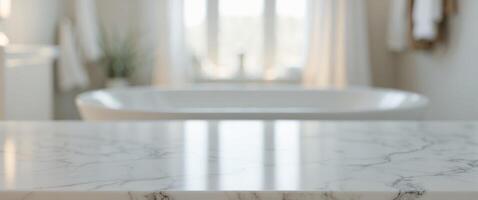 Empty marble table top for product display with blurred bathroom interior background photo