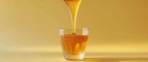 Golden Honey Liquid Pouring into Glass with Empty Space for Text on a Bright Yellow Background. photo