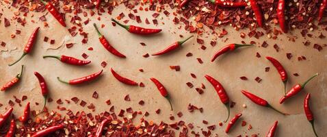 Close up of vibrant red chili pepper flakes on textured background with ample empty space for text or graphic overlay photo