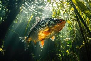 Piranha fish swimming in lush green amazon river underwater photo