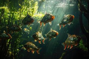 Piranhas swimming in dark water with sunbeams and green plants photo
