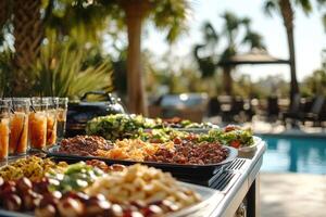 Delicious barbecue buffet displayed near a refreshing swimming pool photo