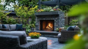 Cozy backyard patio featuring a burning fireplace, comfortable seating, and lush landscaping photo