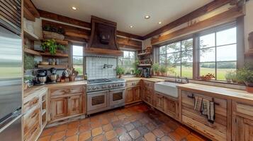Rustic kitchen with modern appliances and scenic view photo