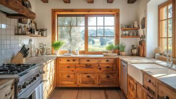 Rustic kitchen interior with wooden cabinets and large window photo
