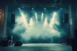 Empty stage with lighting equipment and smoke creating an atmospheric concert setting photo