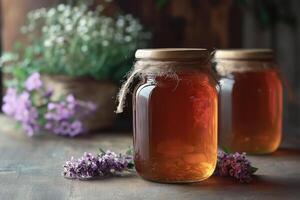 Jars of fresh honey resting on rustic wooden table photo