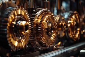 Close up view of interlocking gears rotating smoothly in complex machinery photo