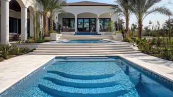 Luxurious resort pool with steps and palm trees on sunny day photo