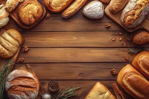 Various bread loaves forming a frame on rustic wooden table photo
