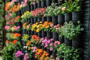 Colorful flowers growing in hanging pots creating a vertical garden photo