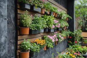 Vertical garden decorating a modern building wall with lush greenery photo