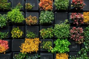 Vertical garden showing colorful plants growing in modular.. containers photo