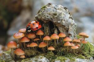 Ladybug walking on mushrooms next to rock in forest photo
