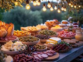 Outdoor buffet table displaying bread, cheese, olives, and charcuterie under string lights photo