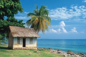 Tropical hut overlooking tranquil ocean with palm tree and blue sky photo